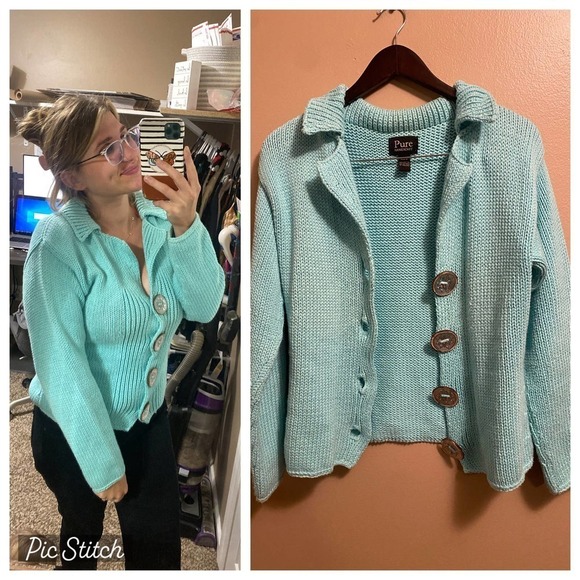 Vintage Pure Handknit Chunky Knit Button Front Crochet Sweater - Picture 7 of 14